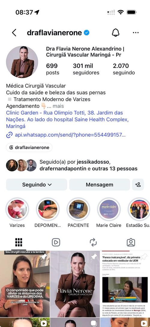 Perfil da Dra. Flávia no Instagram com 301 mil seguidores