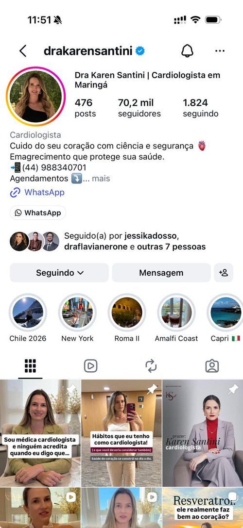 Perfil da Dra. Karen Santini no Instagram com 70,2 mil seguidores